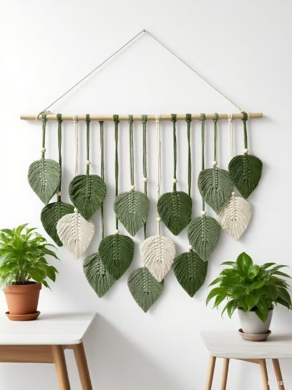 Light‑Green Leaf Feather Macrame Wall Hanging