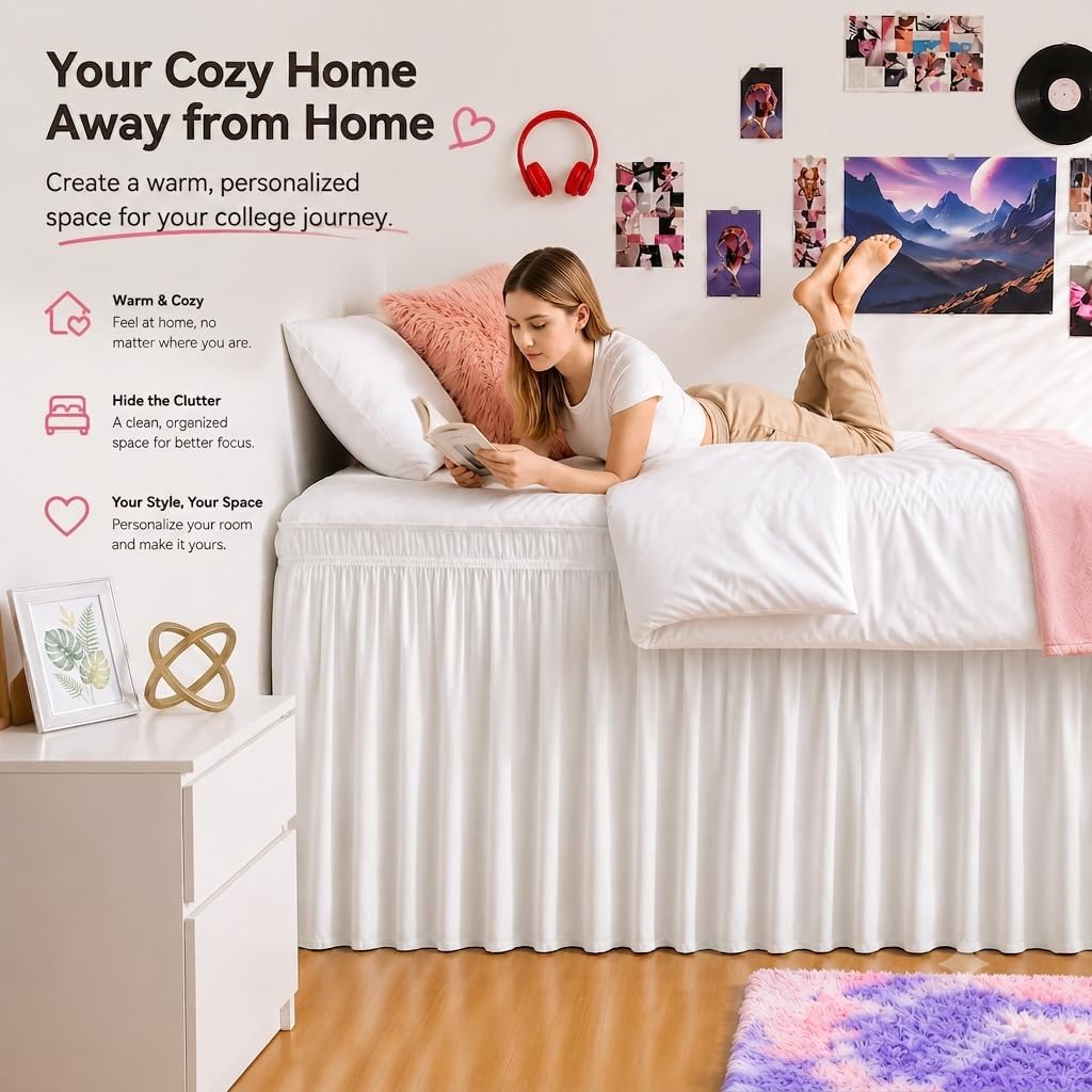White Elastic Wrap Twin XL Dorm Bed Skirt