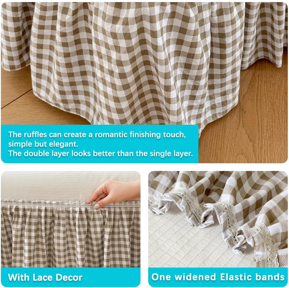 Tan Gingham Wrap‑Around Full Bed Skirt