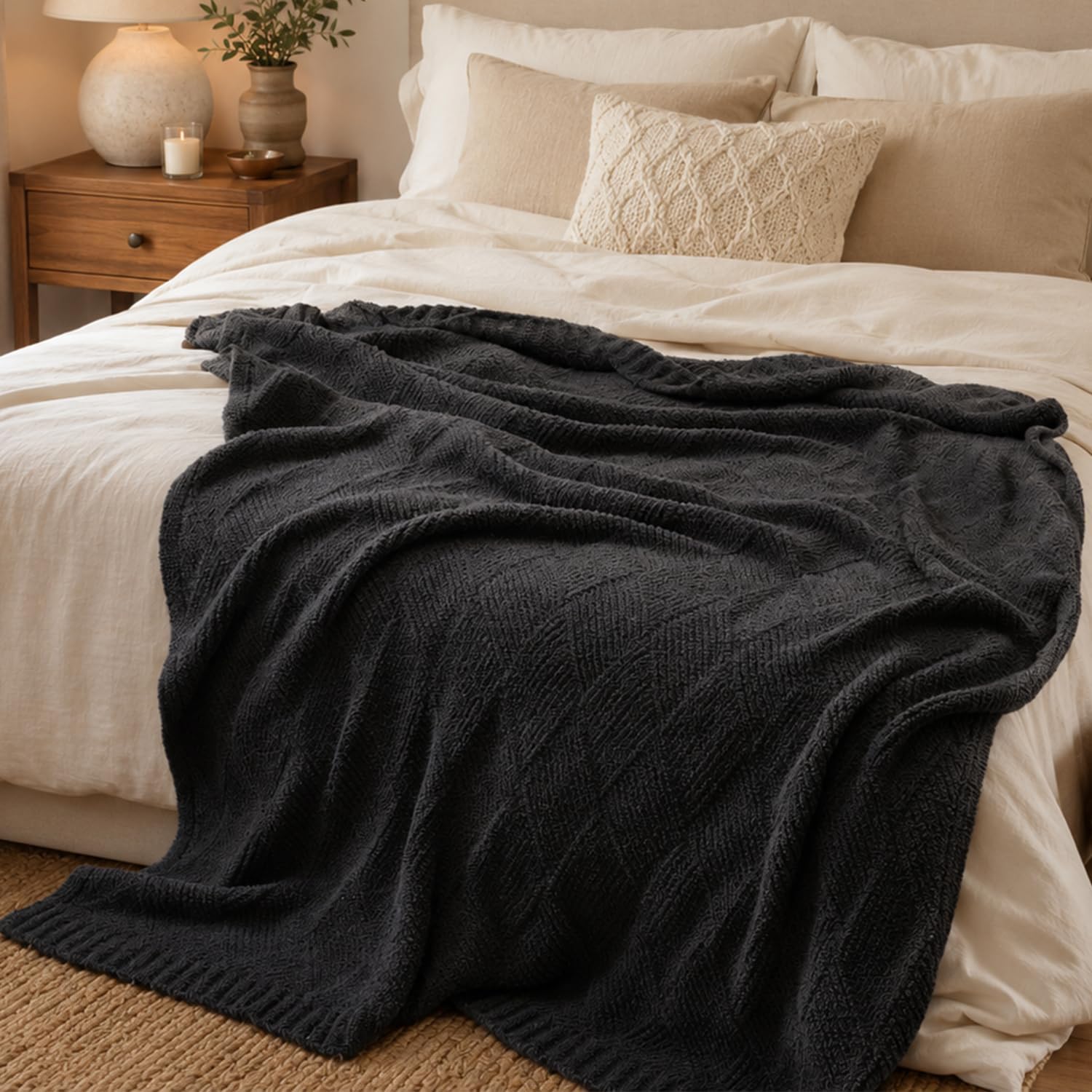 Charcoal Gray Diamond Texture Knit Throw Blanket