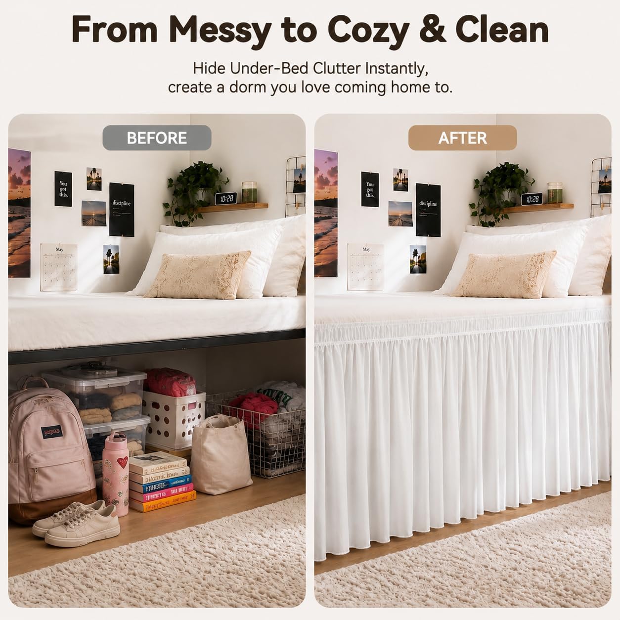 White Elastic Wrap Twin XL Dorm Bed Skirt