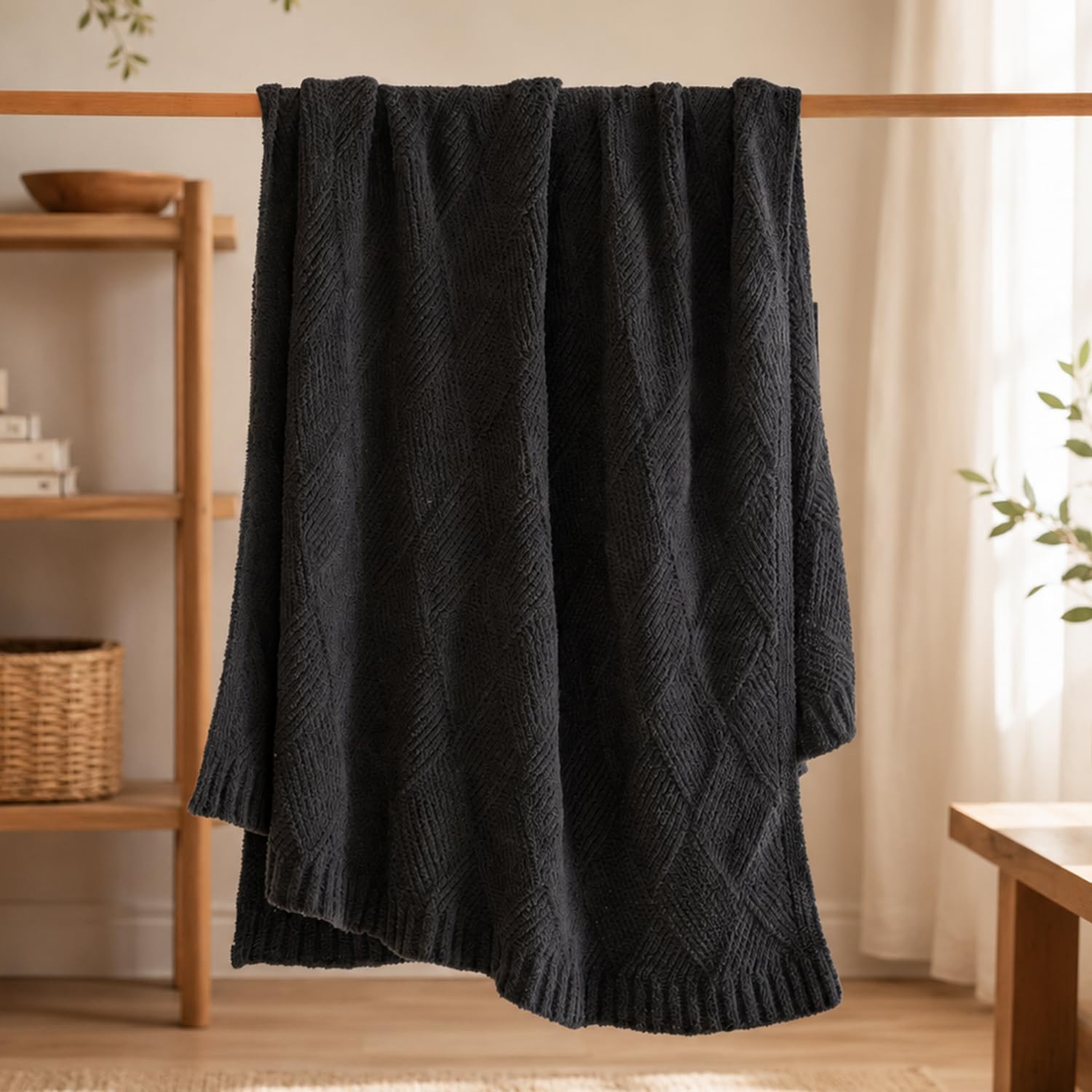 Charcoal Gray Diamond Texture Knit Throw Blanket