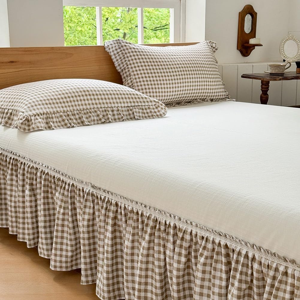 Tan Gingham Wrap‑Around Full Bed Skirt