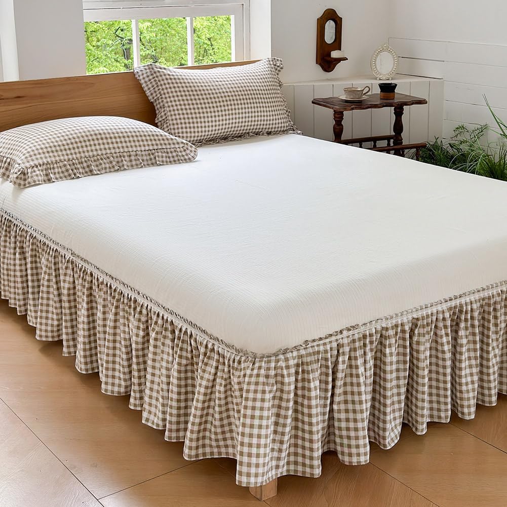 Tan Gingham Wrap‑Around Full Bed Skirt