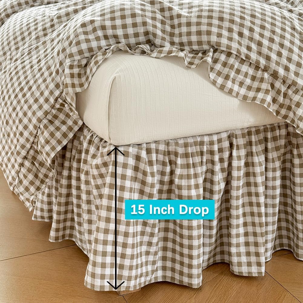 Tan Gingham Wrap‑Around Full Bed Skirt