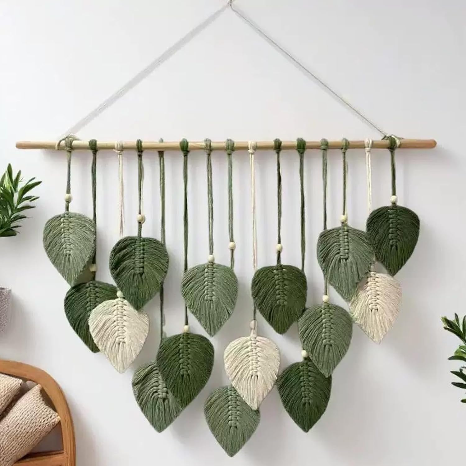 Light‑Green Leaf Feather Macrame Wall Hanging