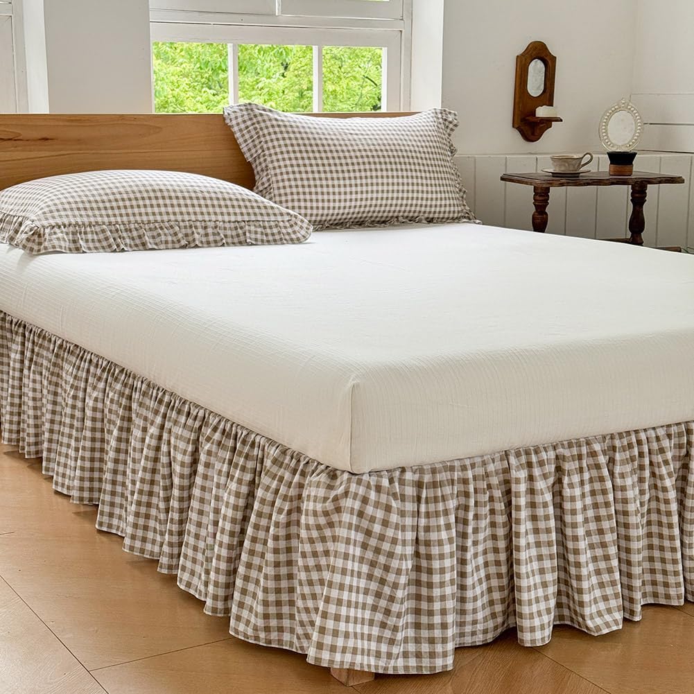 Tan Gingham Wrap‑Around Full Bed Skirt