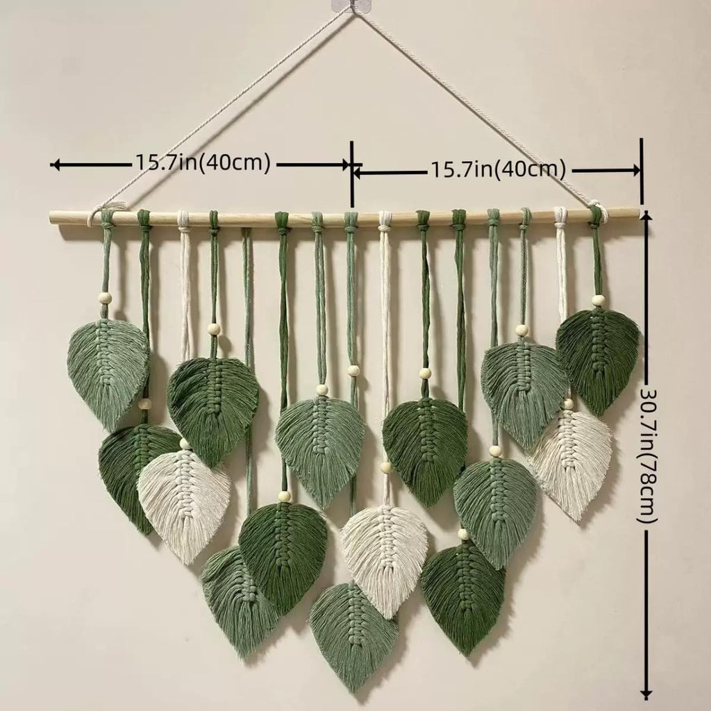 Light‑Green Leaf Feather Macrame Wall Hanging