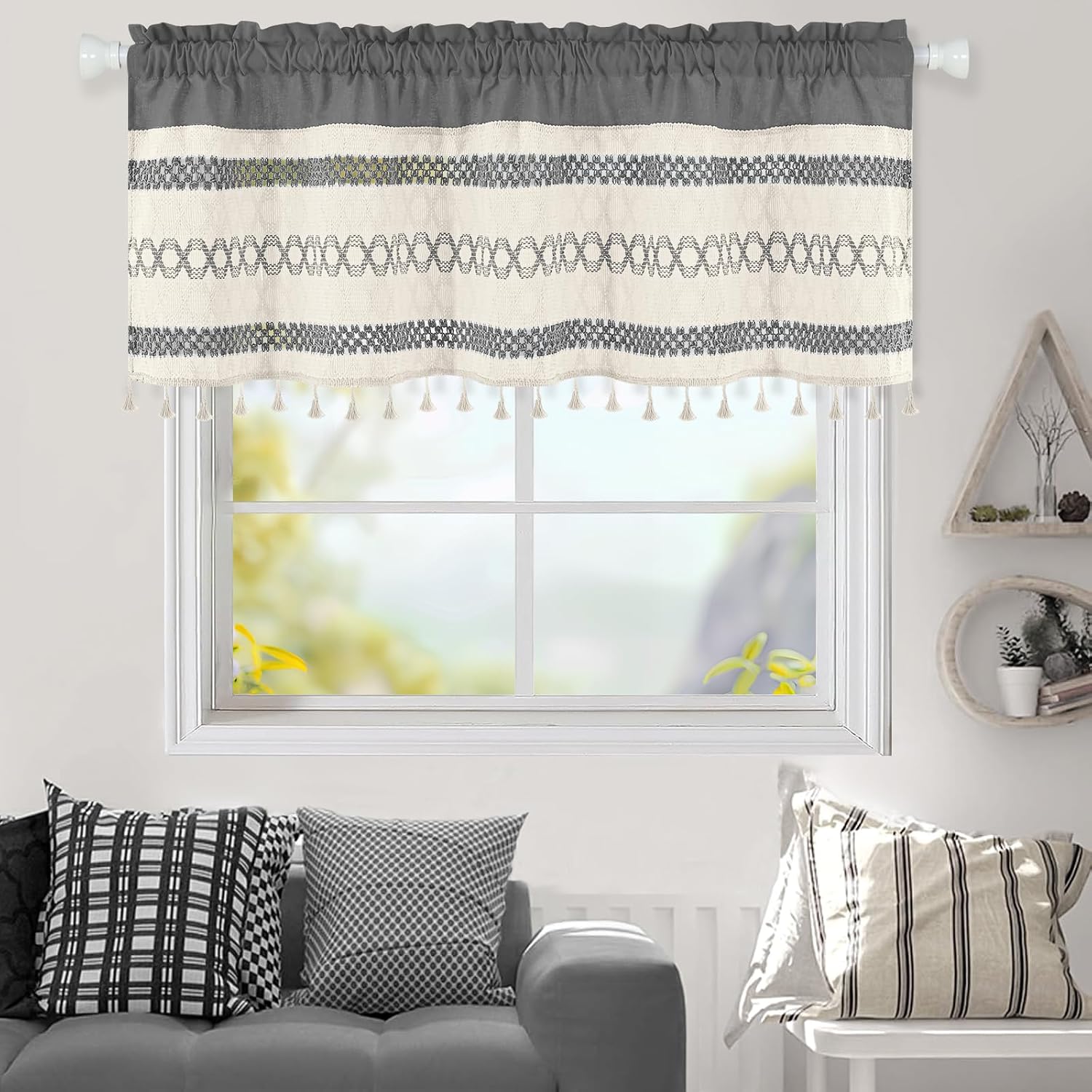 Grey Boho Crochet Window Curtain Valance