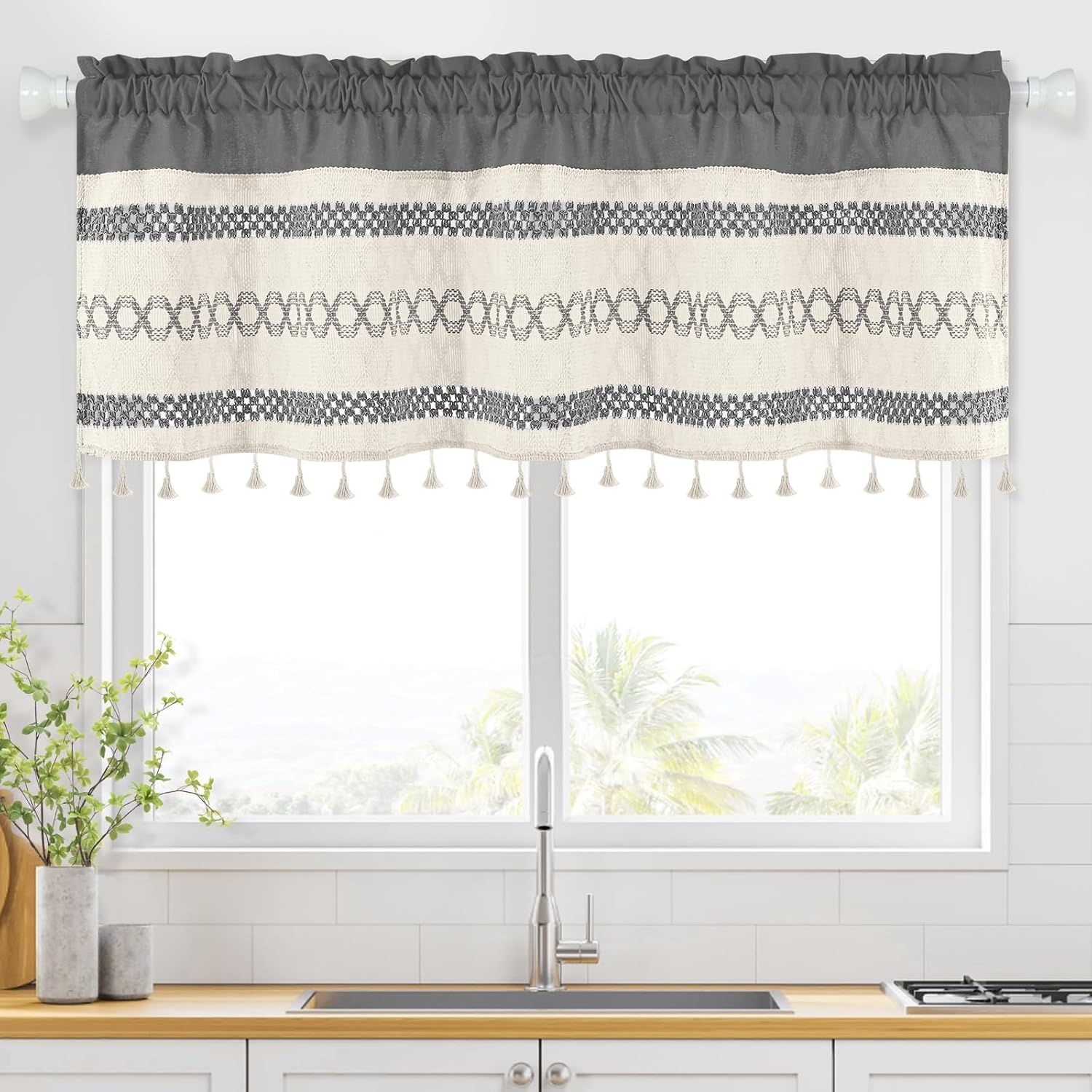 Grey Boho Crochet Window Curtain Valance