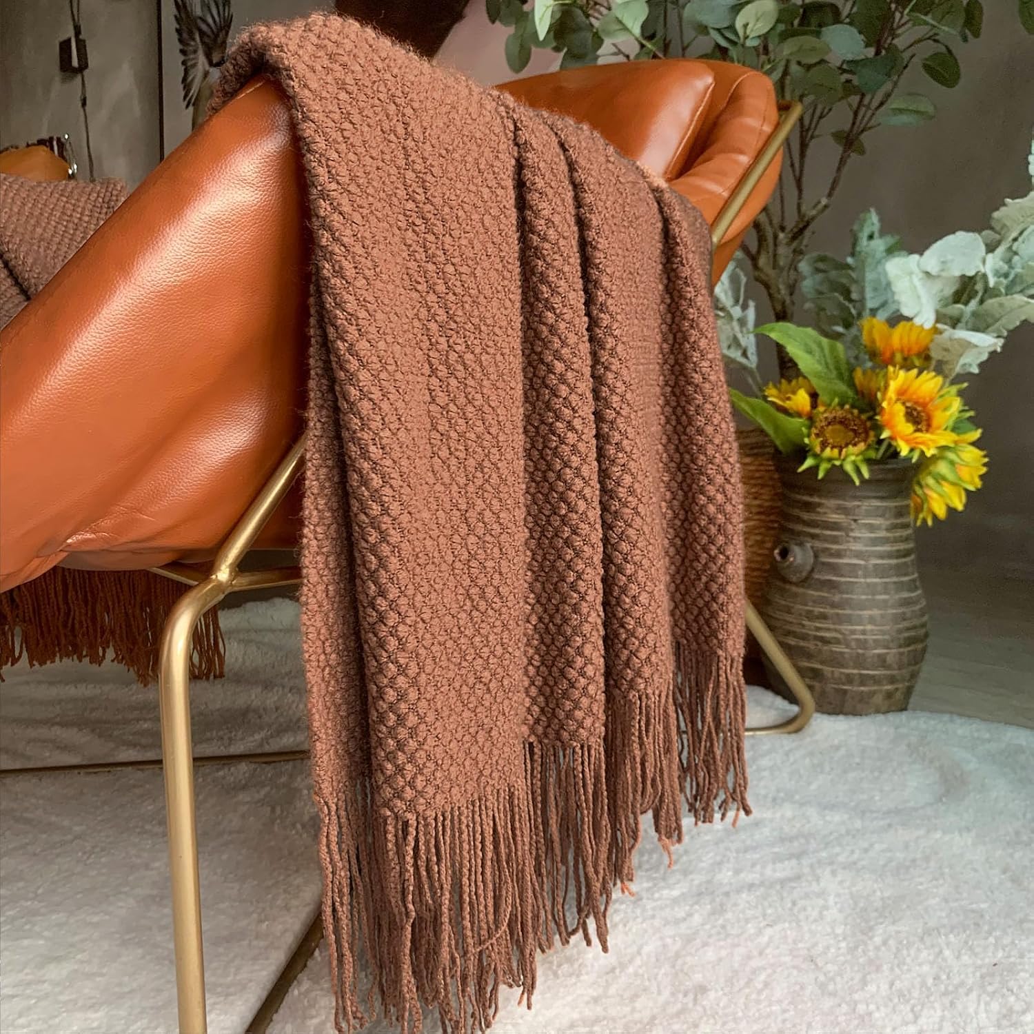 Caramel Bubble Textured Knit Tassel Throw Blanket