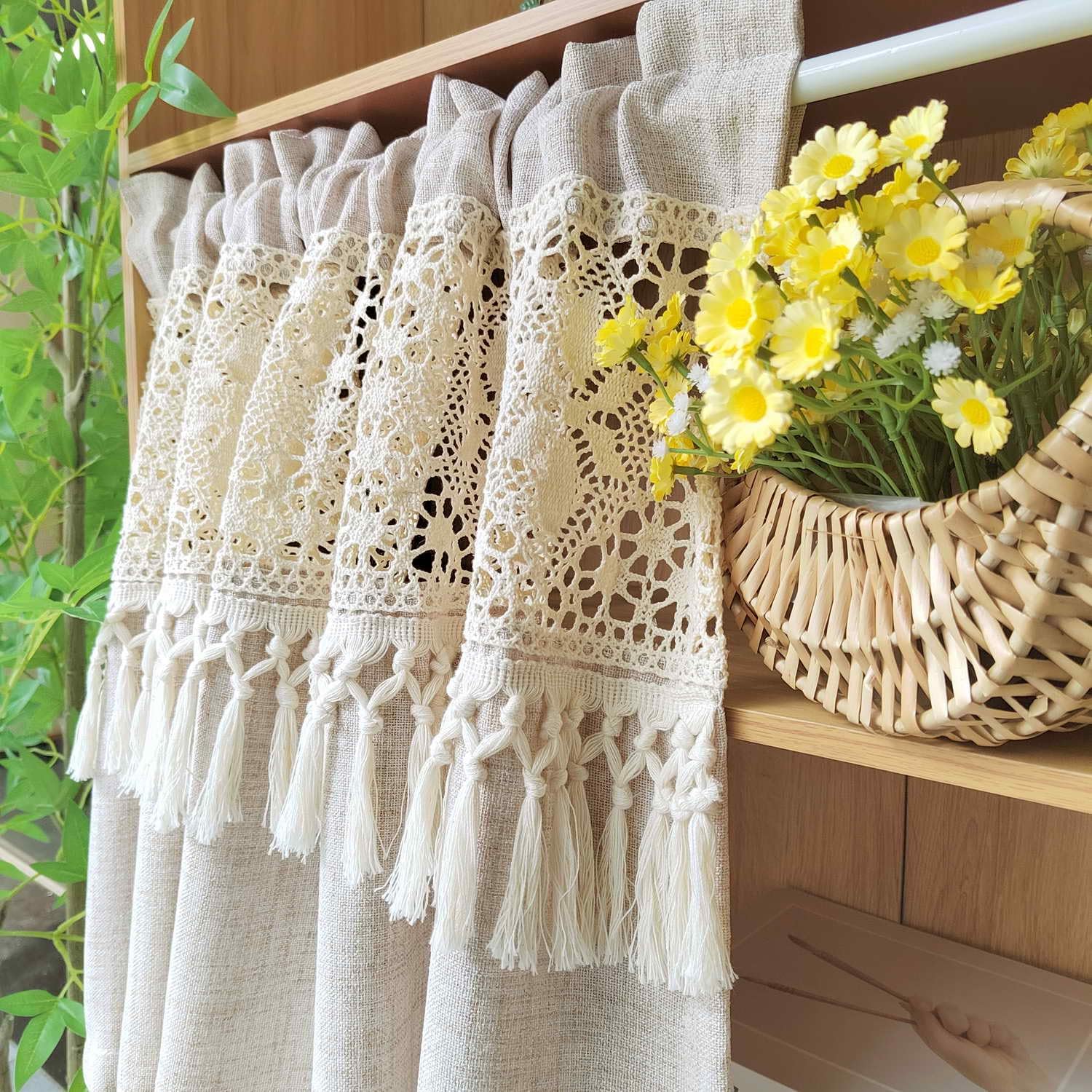 Boho Crochet Lace Linen Sheer Window Valance