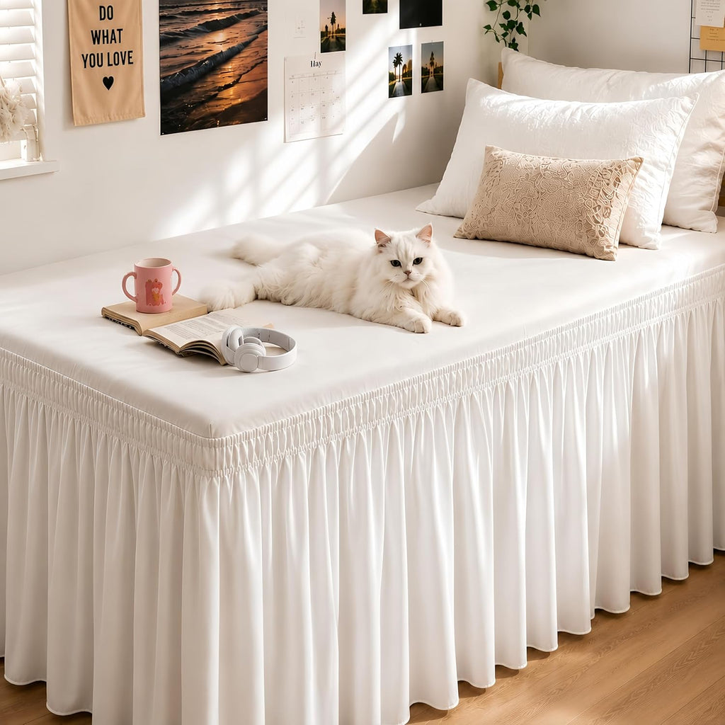 White Elastic Wrap Twin XL Dorm Bed Skirt