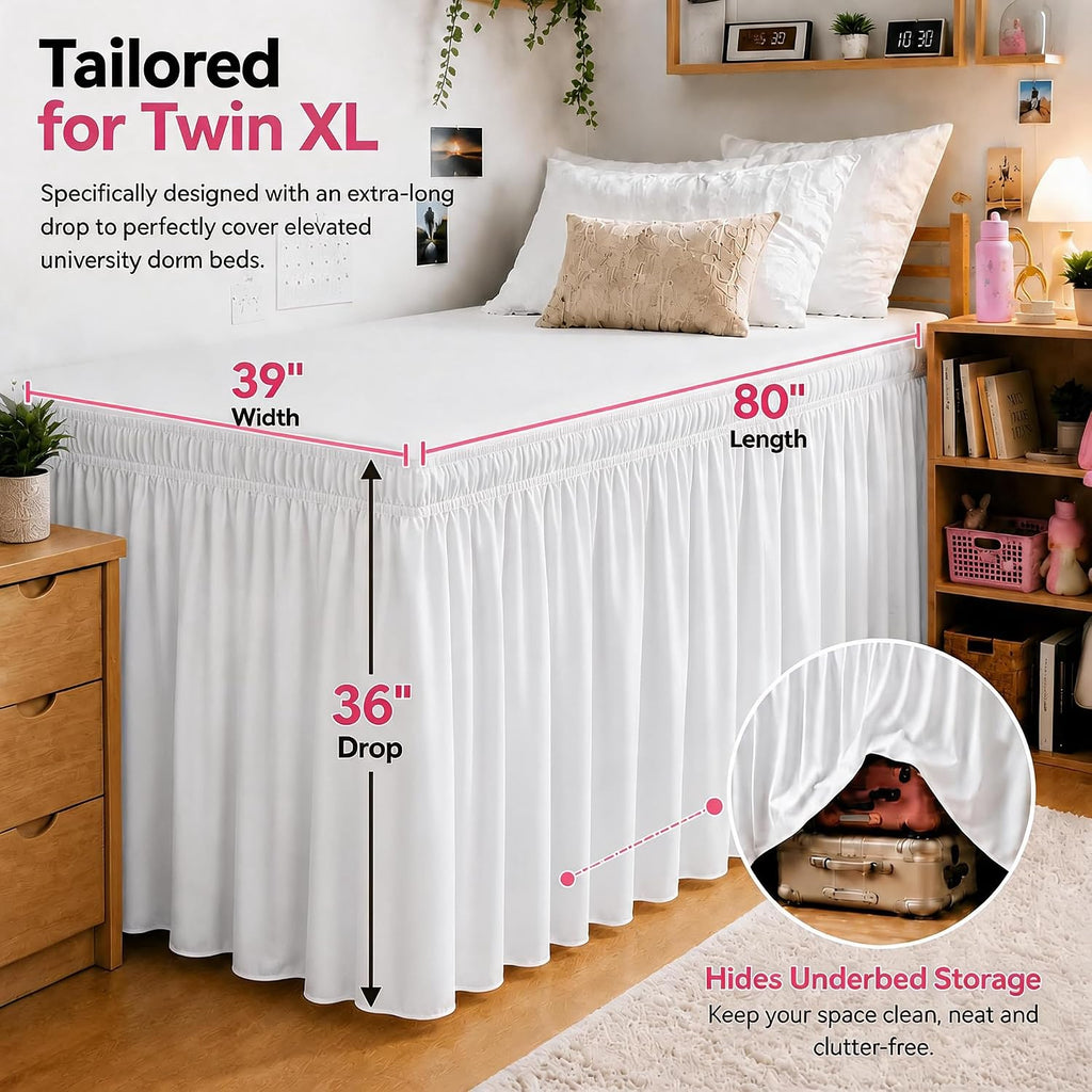White Elastic Wrap Twin XL Dorm Bed Skirt
