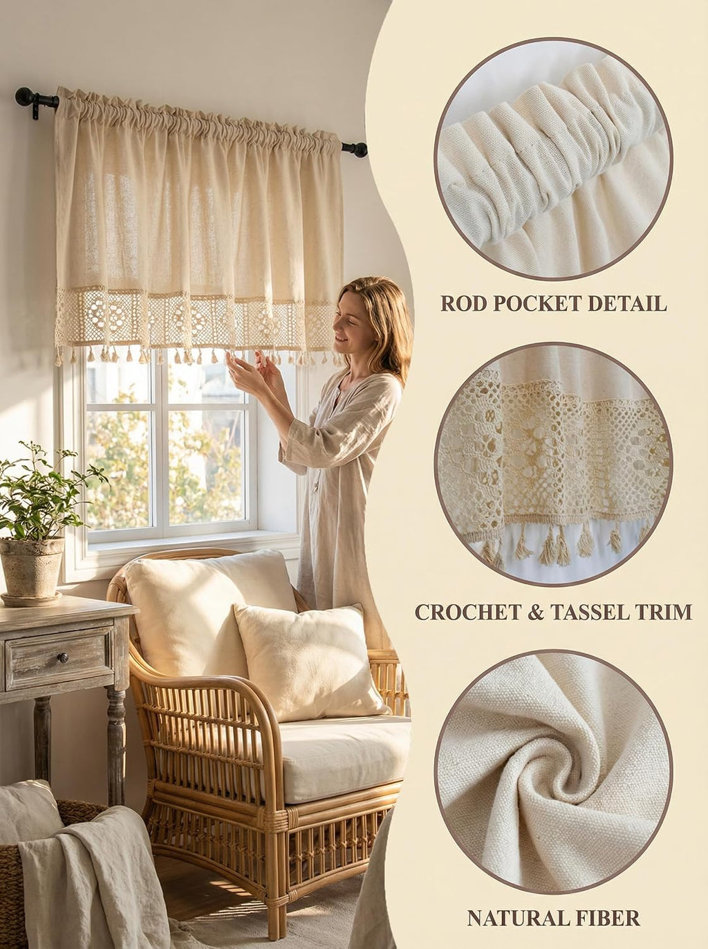 Boho Linen Kitchen Window Valance