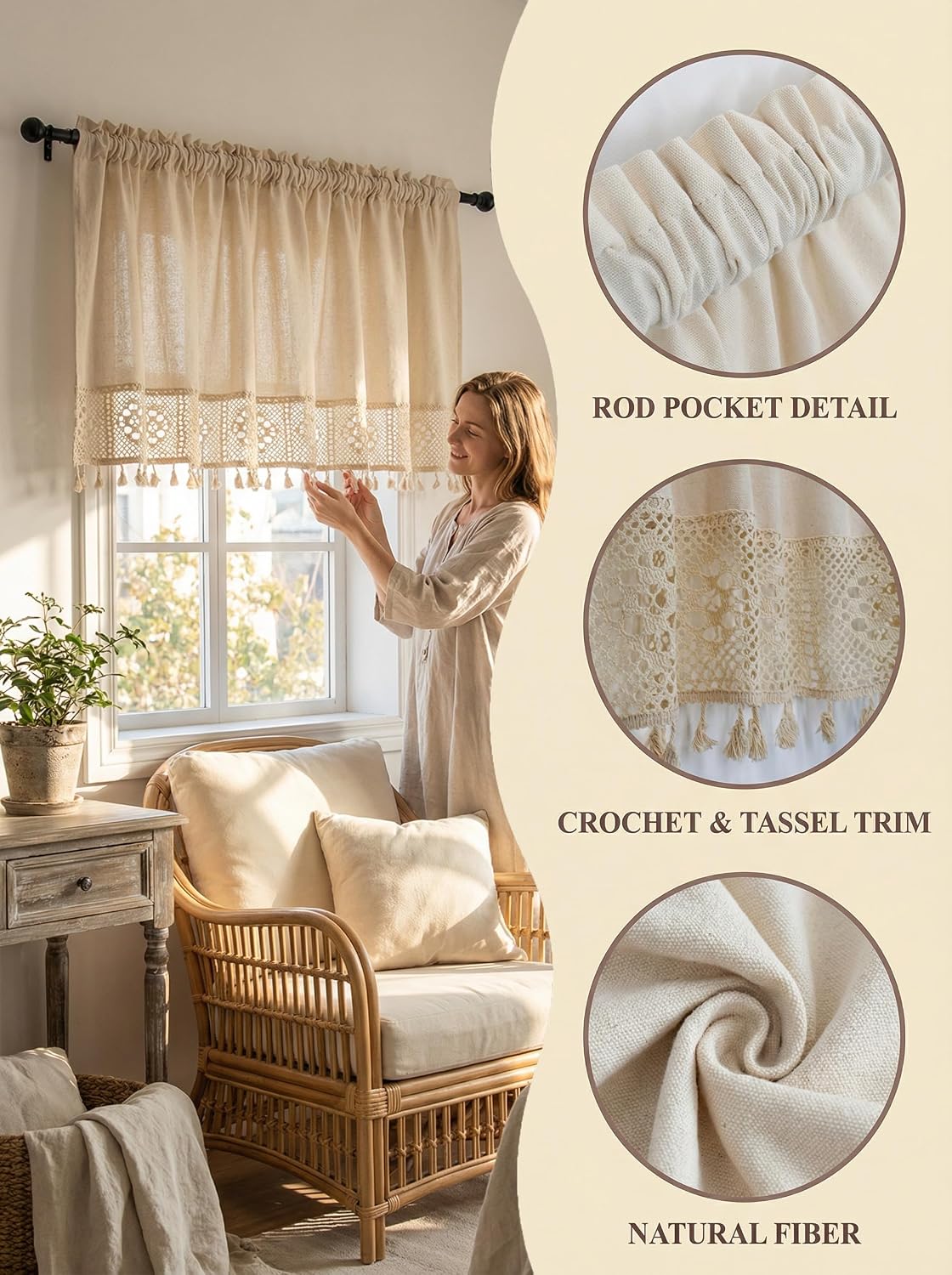 Boho Linen Kitchen Window Valance