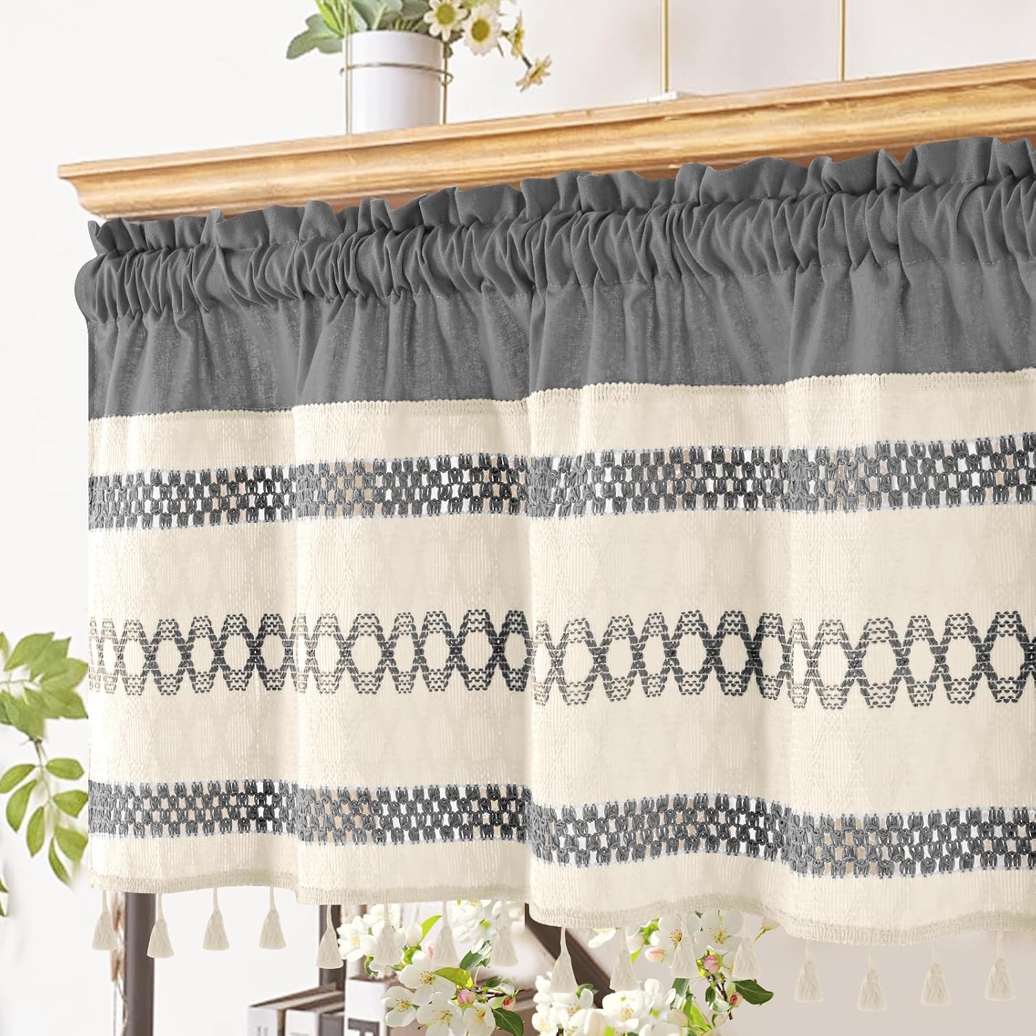 Grey Boho Crochet Window Curtain Valance