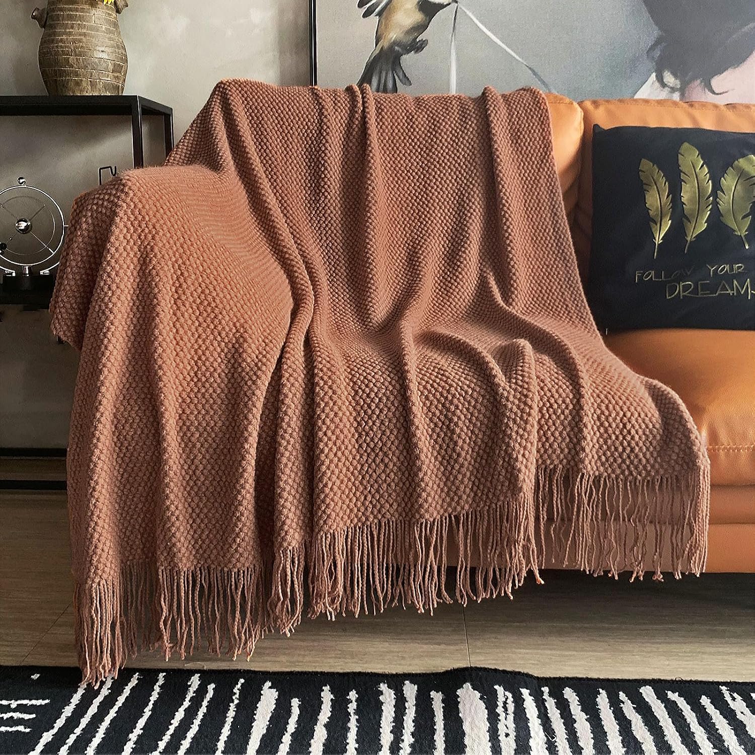 Caramel Bubble Textured Knit Tassel Throw Blanket