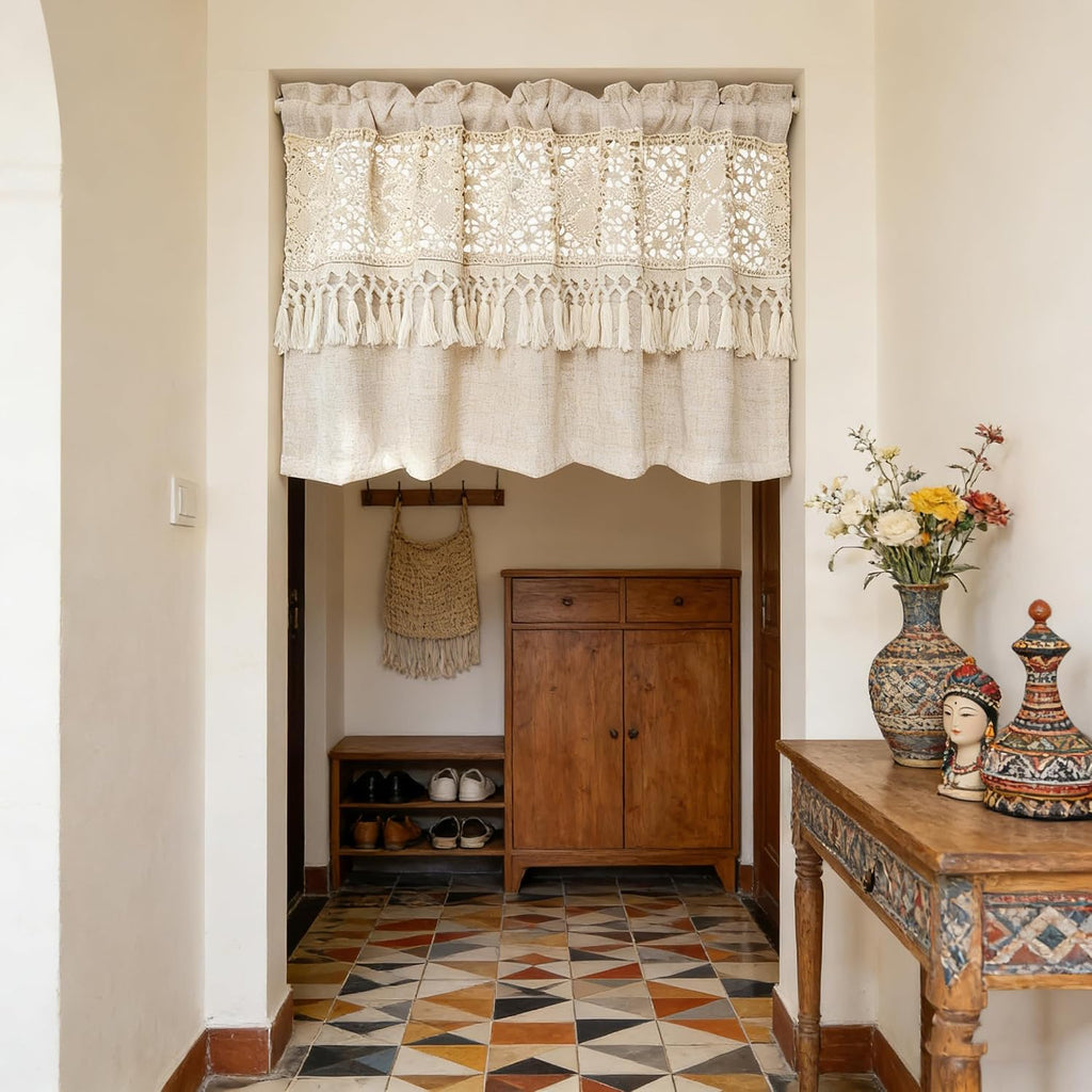Boho Crochet Lace Linen Sheer Window Valance