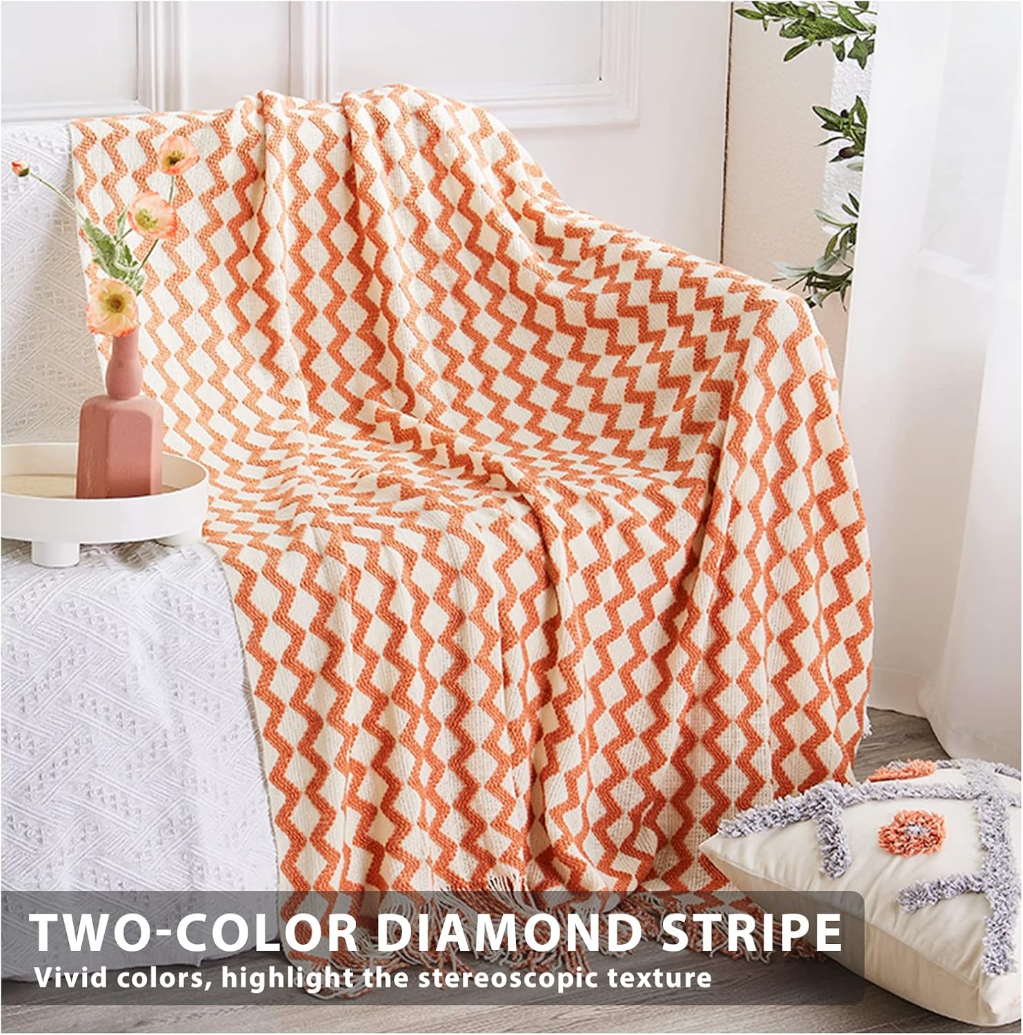 Tone Diamond Knit Tassel Throw Blanket