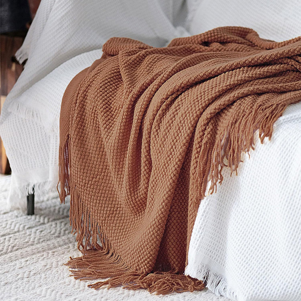 Caramel Bubble Textured Knit Tassel Throw Blanket