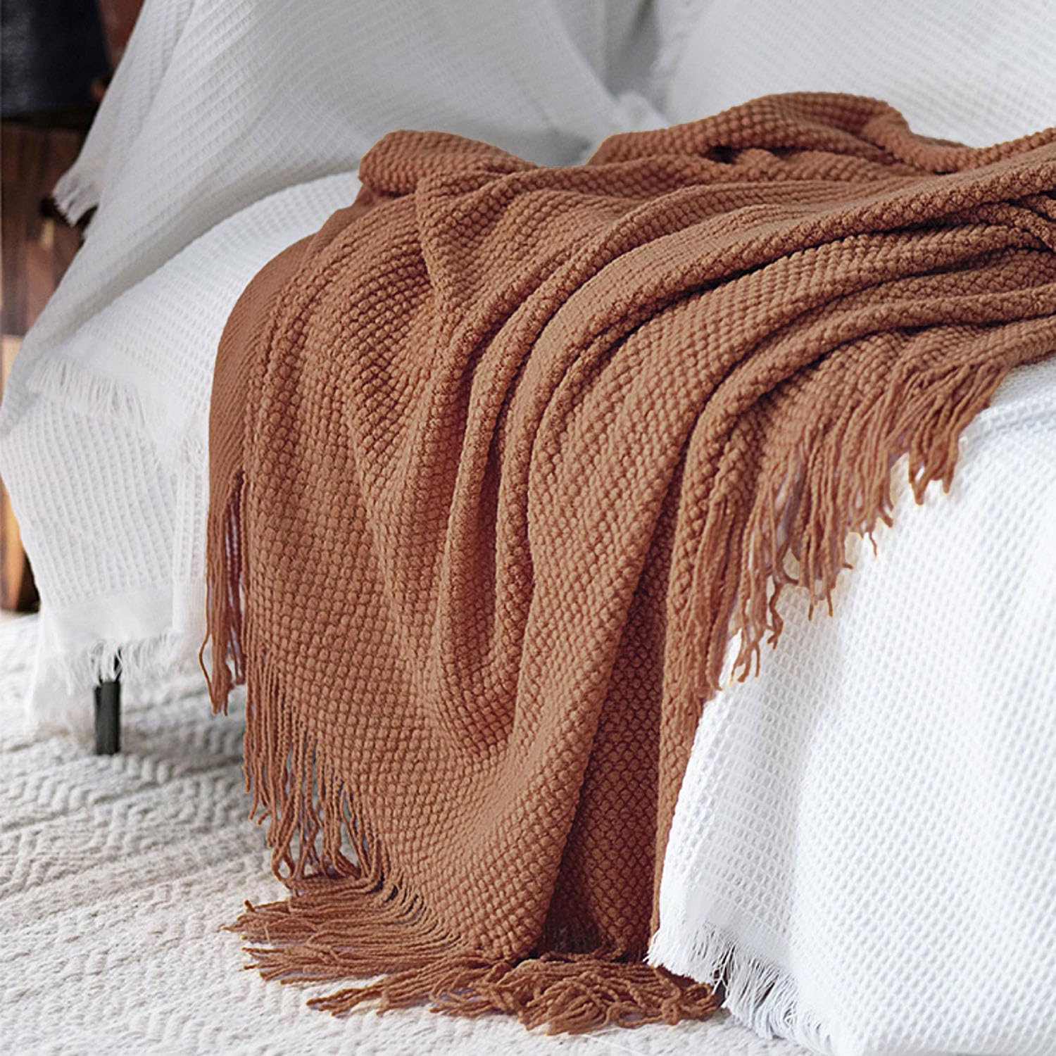 Caramel Bubble Textured Knit Tassel Throw Blanket