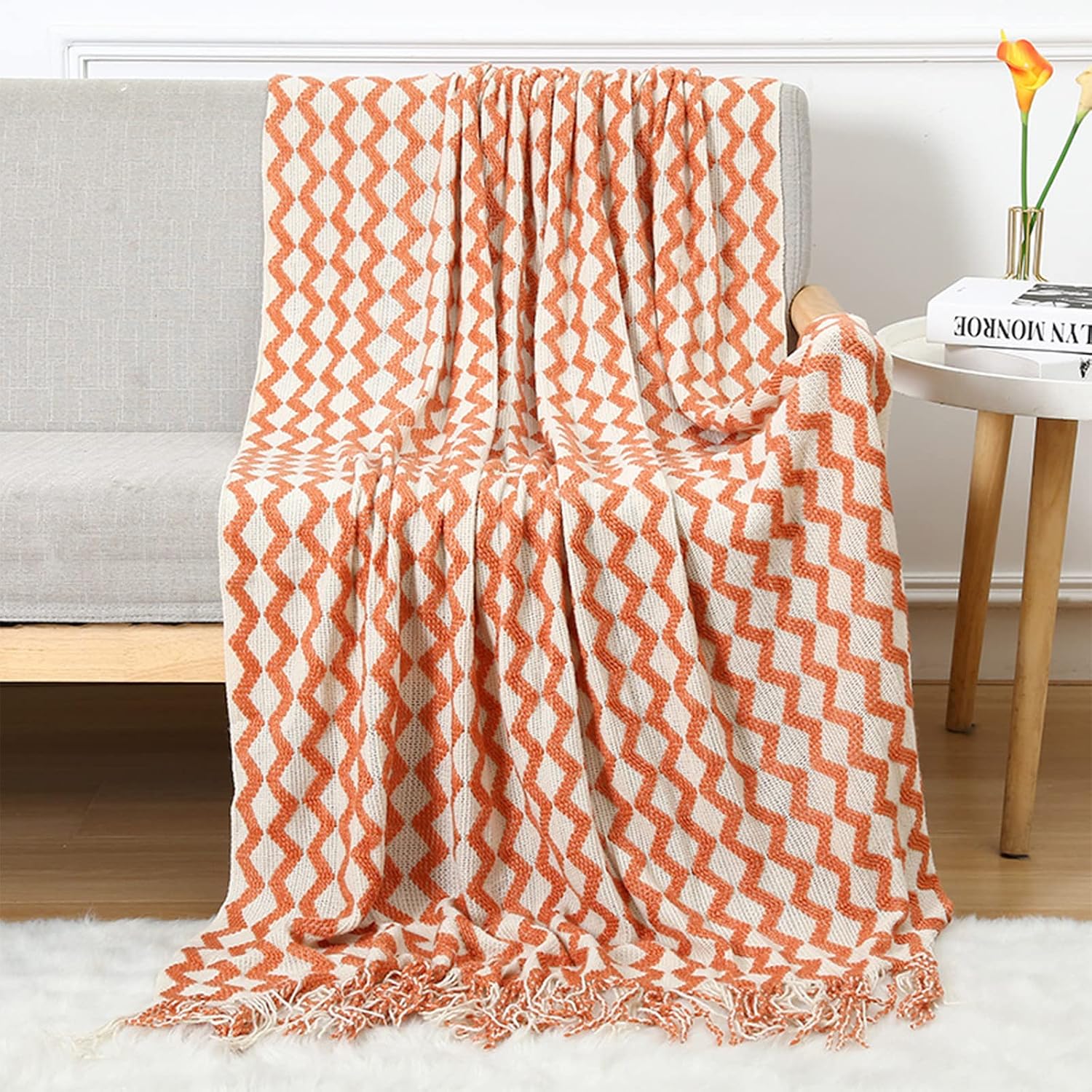 Tone Diamond Knit Tassel Throw Blanket