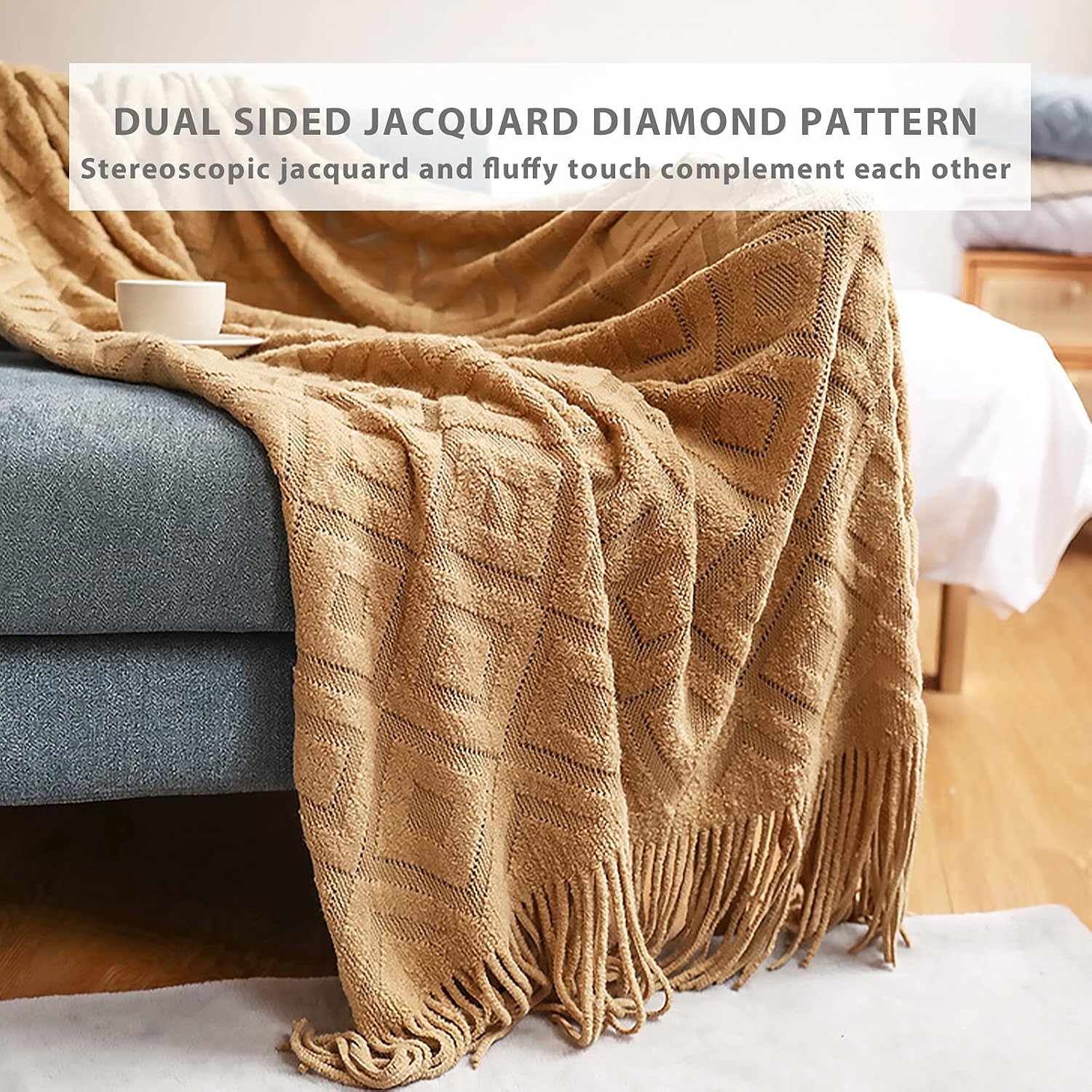 Knitted Tassel Jacquard Throw Blanket