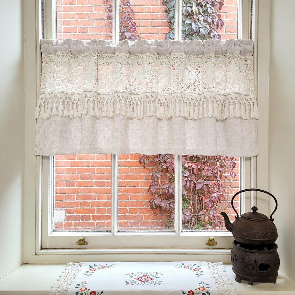Boho Crochet Lace Linen Sheer Window Valance