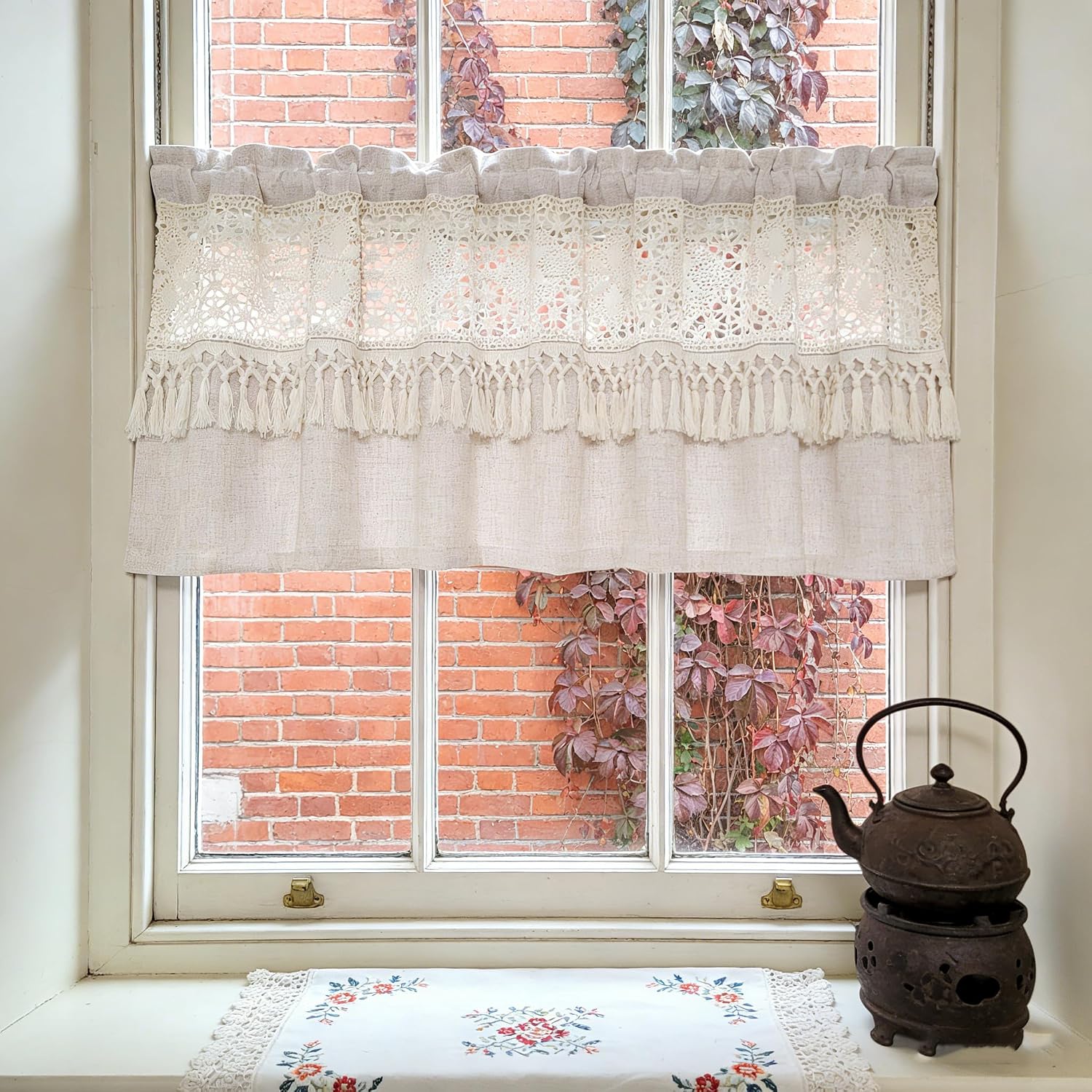 Boho Crochet Lace Linen Sheer Window Valance