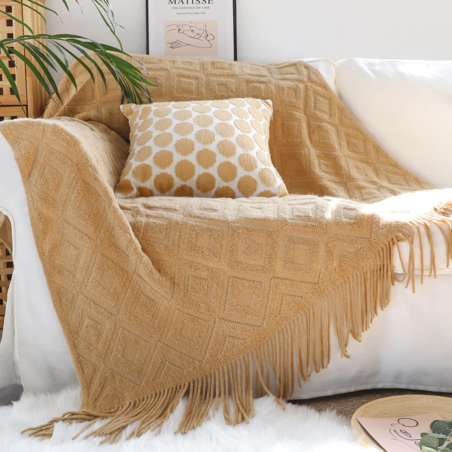 Knitted Tassel Jacquard Throw Blanket
