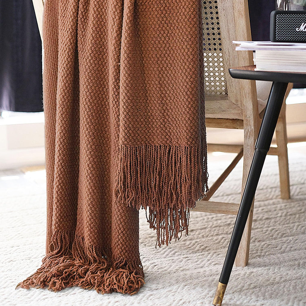 Caramel Bubble Textured Knit Tassel Throw Blanket