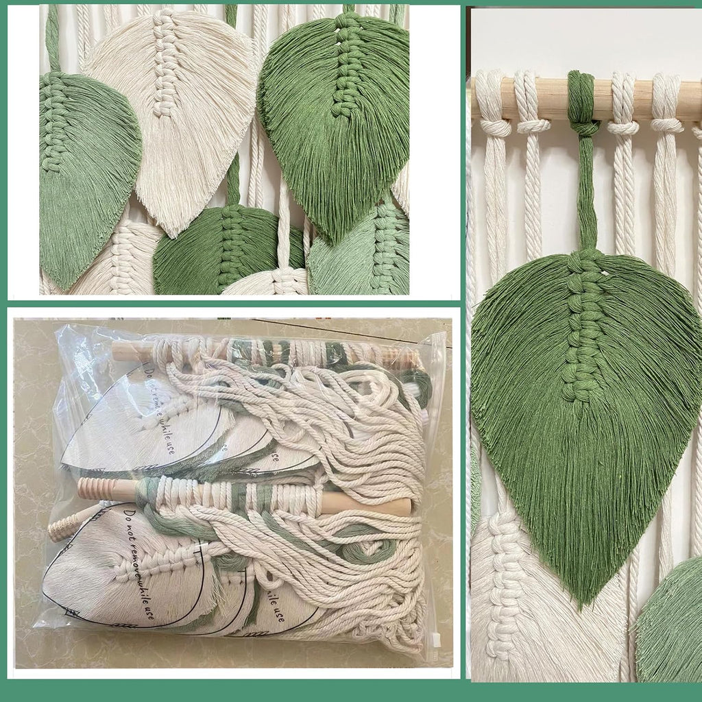 Light‑Green Leaf Feather Macrame Wall Hanging