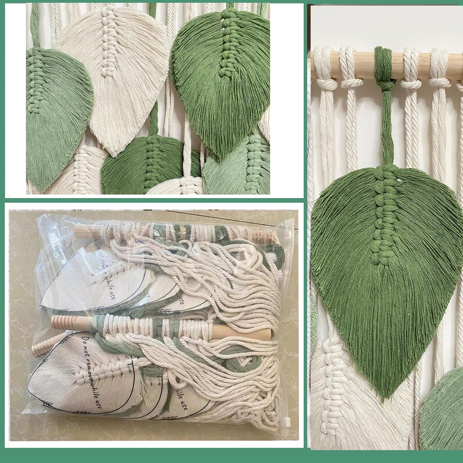 Light‑Green Leaf Feather Macrame Wall Hanging