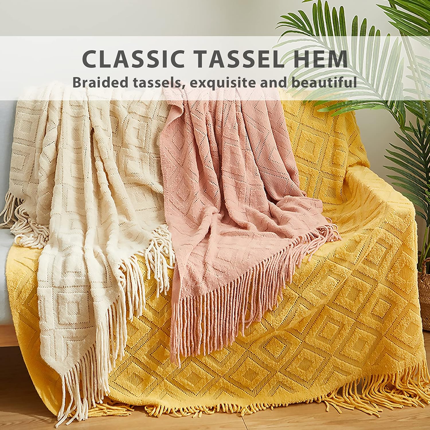 Knitted Tassel Jacquard Throw Blanket