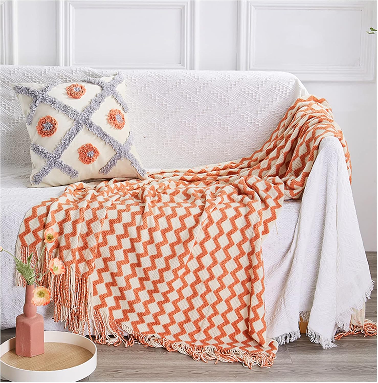 Tone Diamond Knit Tassel Throw Blanket