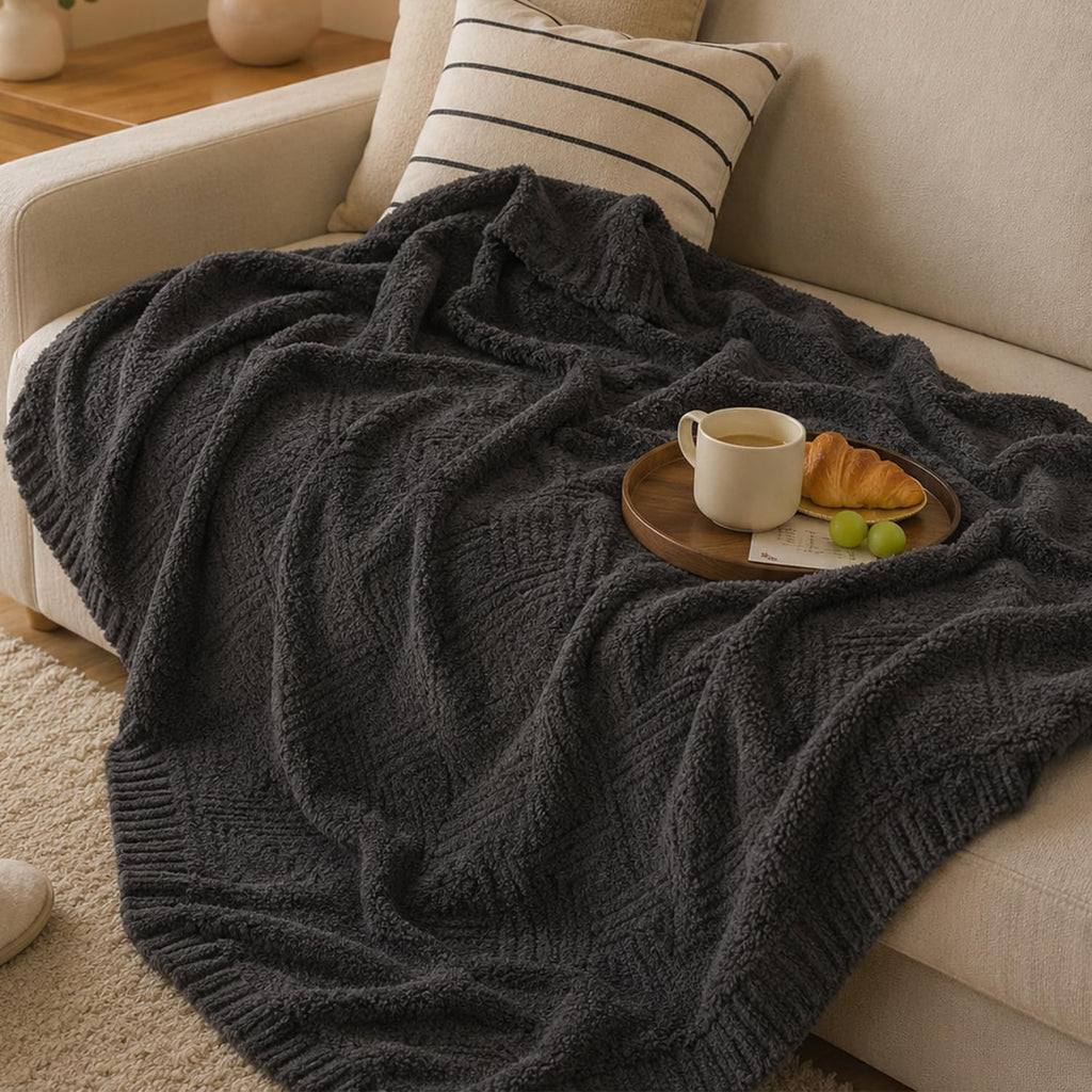 Charcoal Gray Diamond Texture Knit Throw Blanket