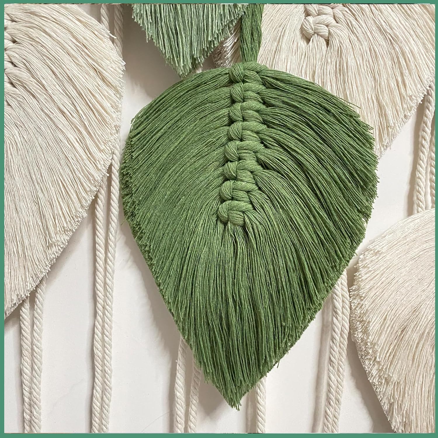 Light‑Green Leaf Feather Macrame Wall Hanging