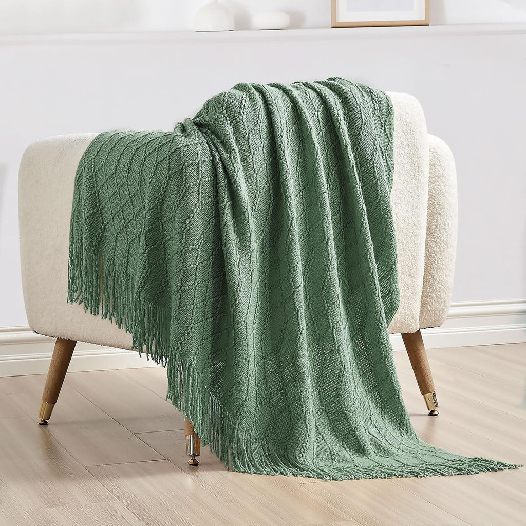 Green Acrylic Knitted Throw Blanket