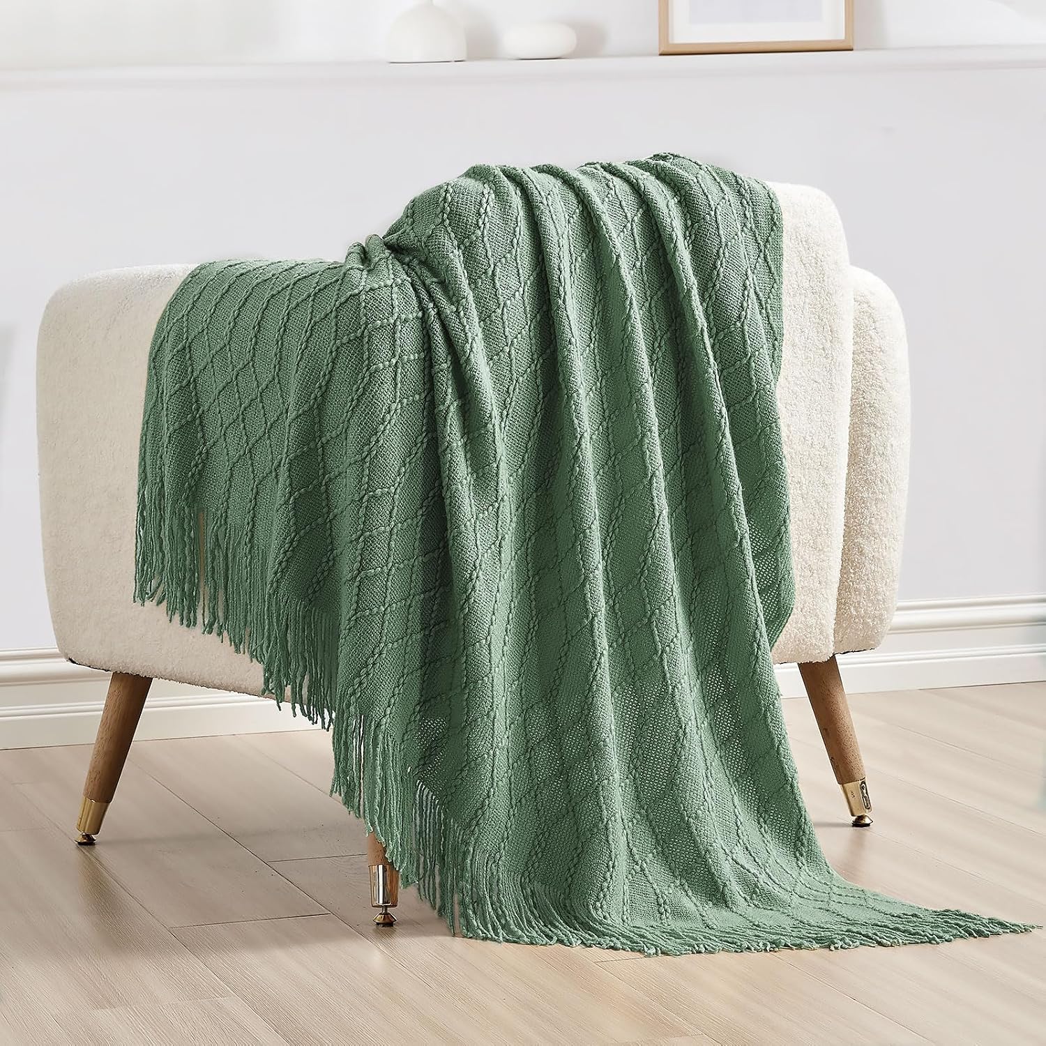 Green Acrylic Knitted Throw Blanket
