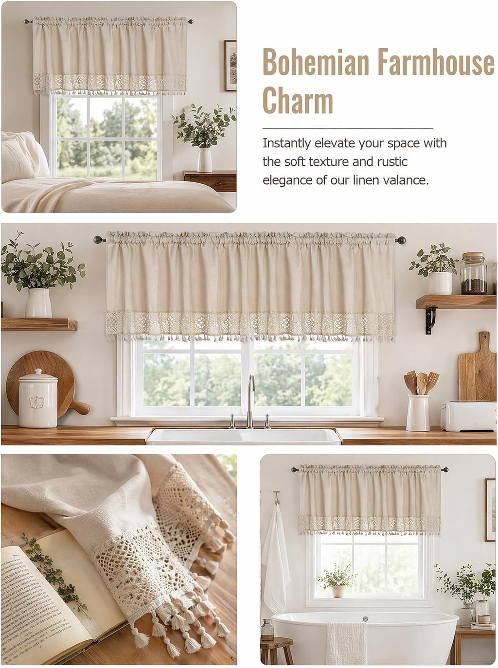 Boho Linen Kitchen Window Valance