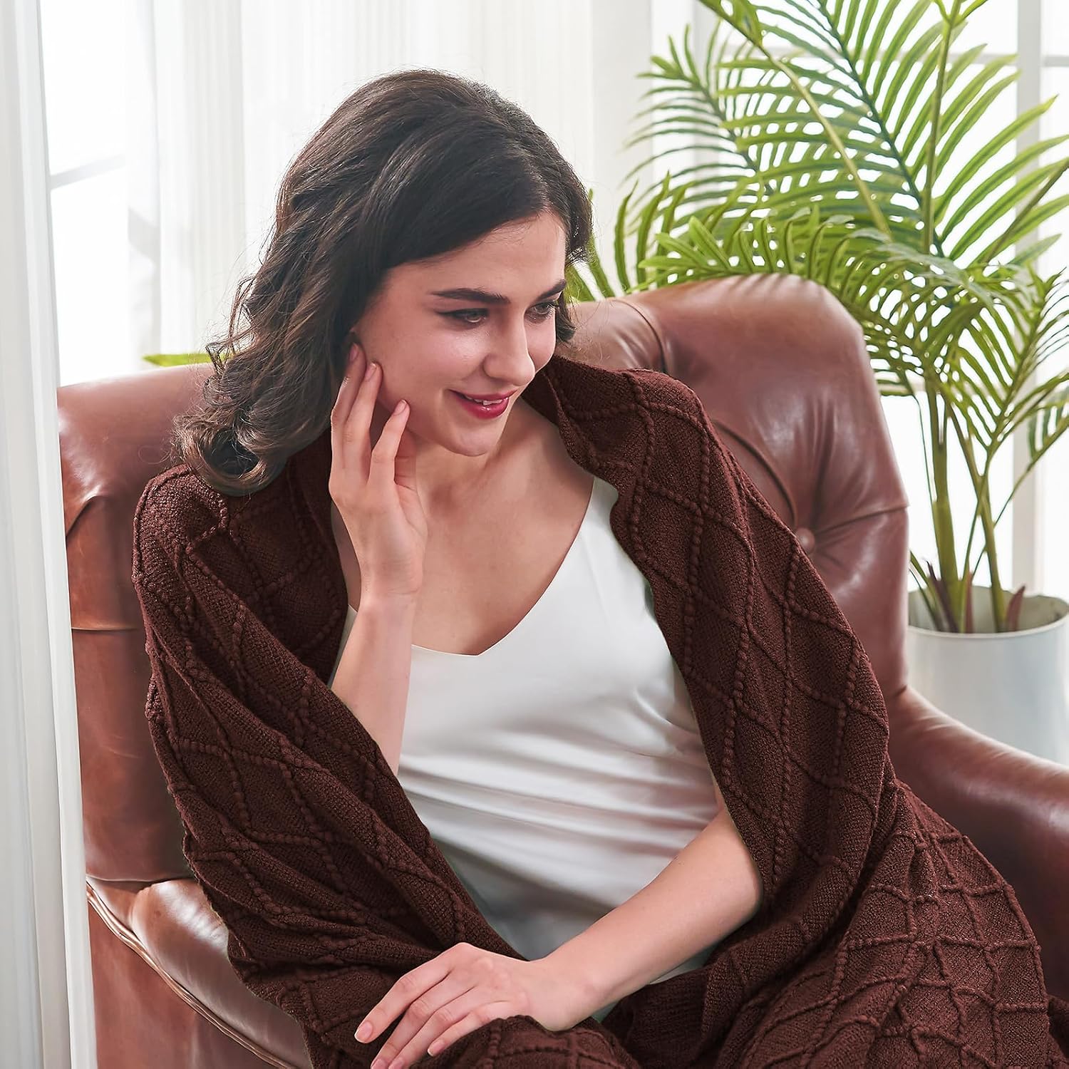 Brown Diamond Knitted Throw Blanket