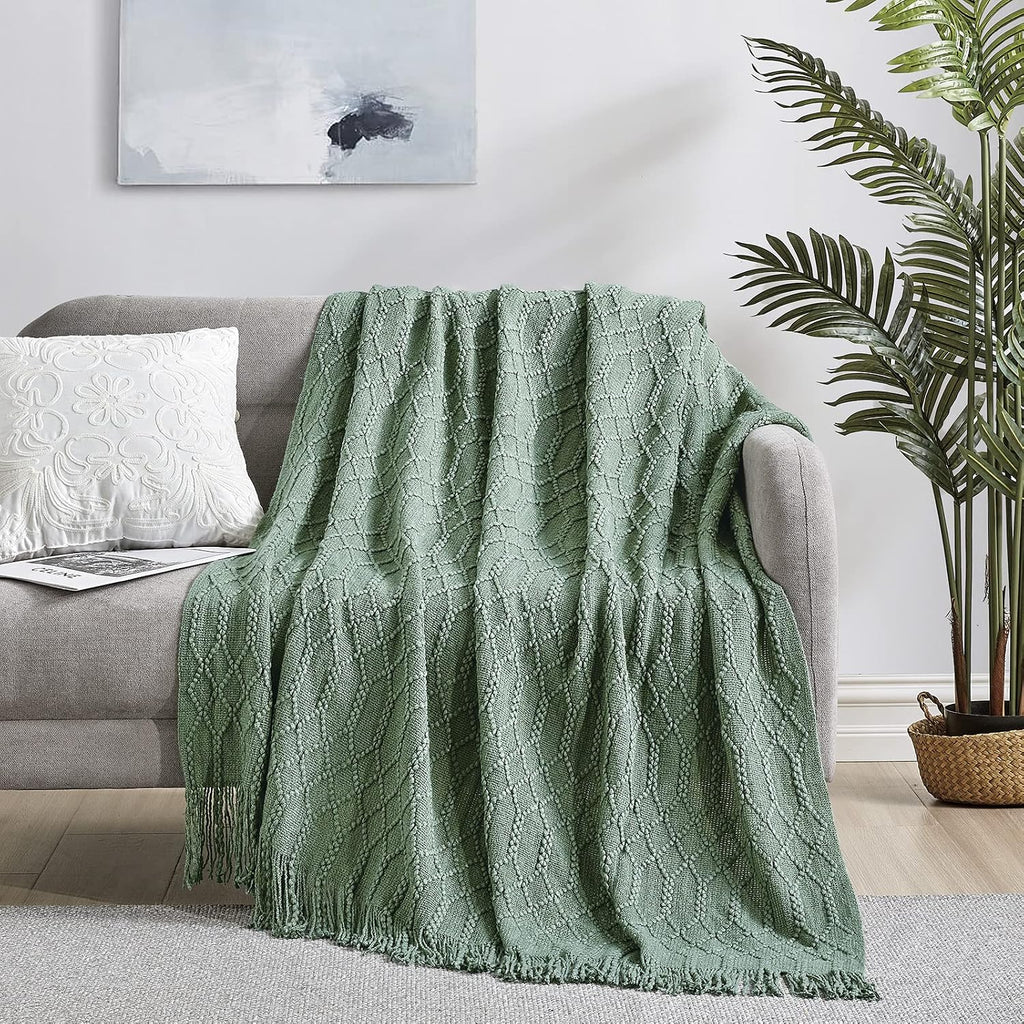 Green Acrylic Knitted Throw Blanket