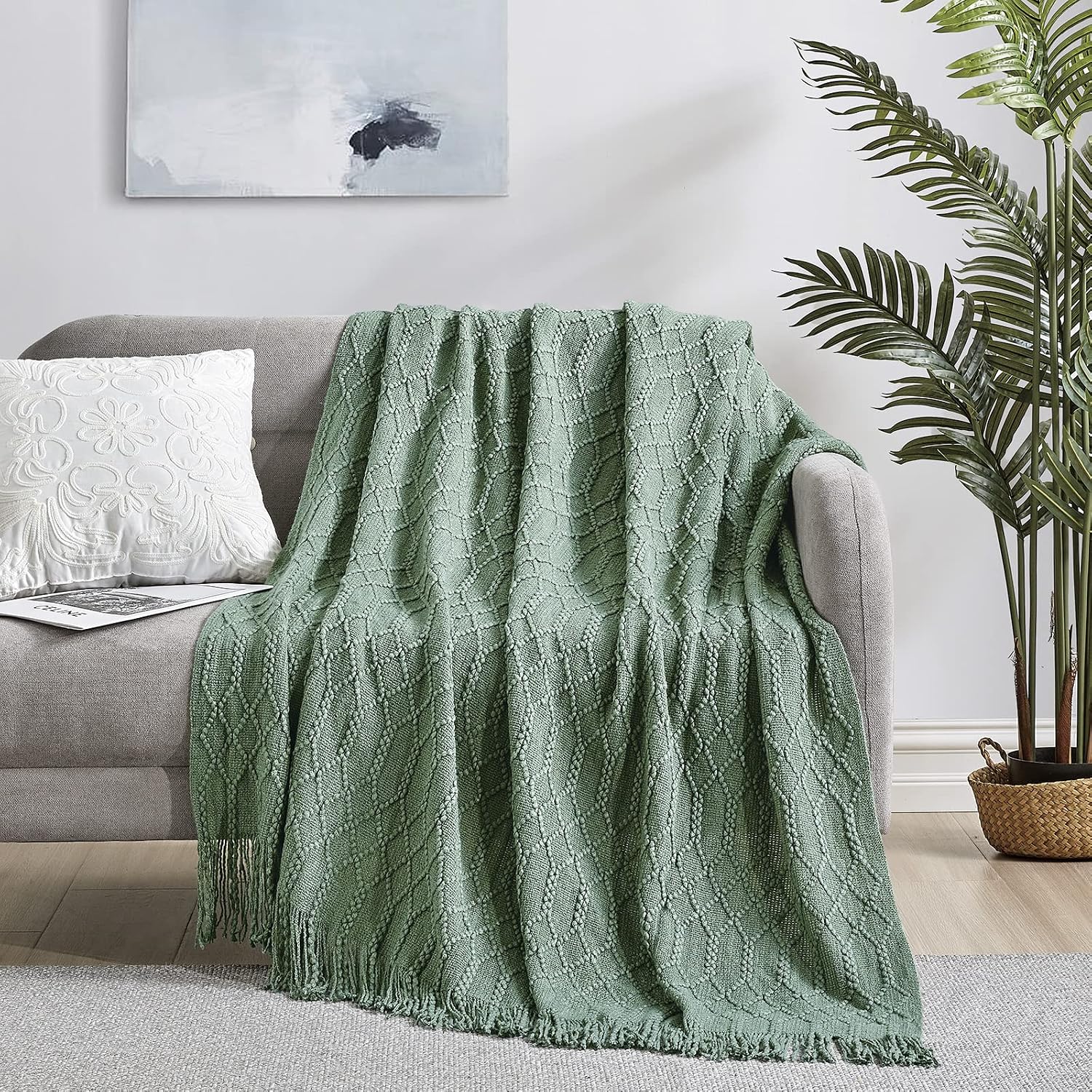 Green Acrylic Knitted Throw Blanket