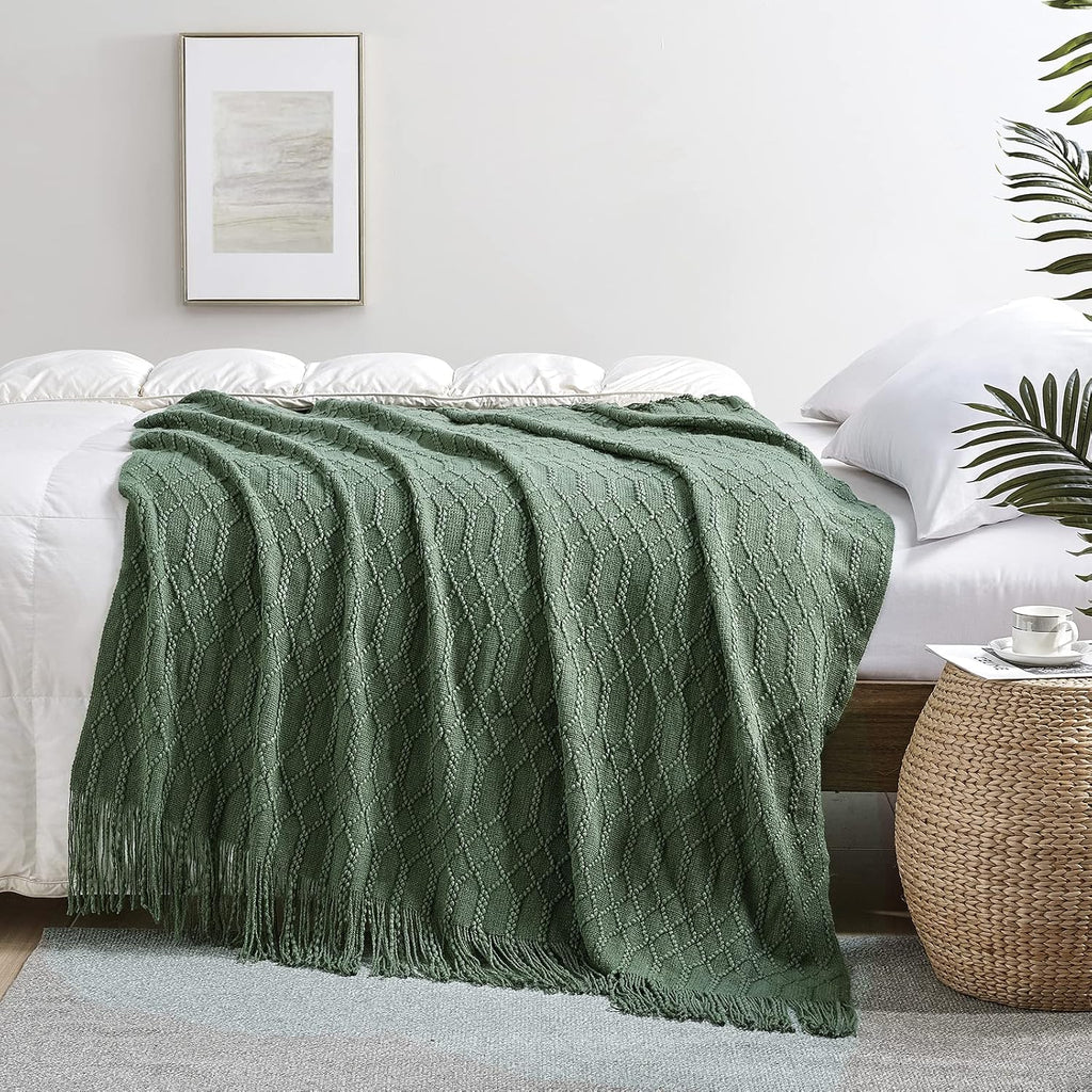 Green Acrylic Knitted Throw Blanket